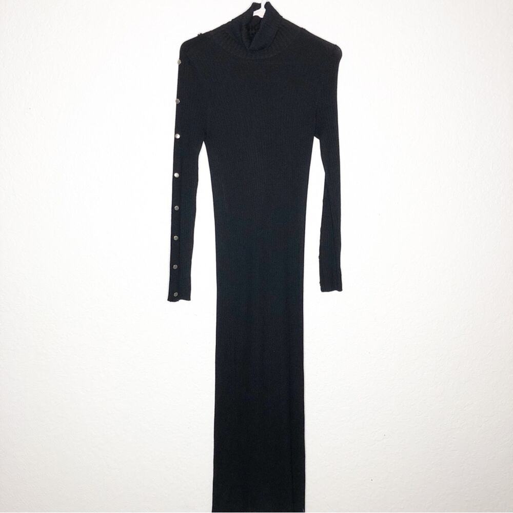Zara black ribbed knit turtleneck button sleeve maxi sweater dress size Small